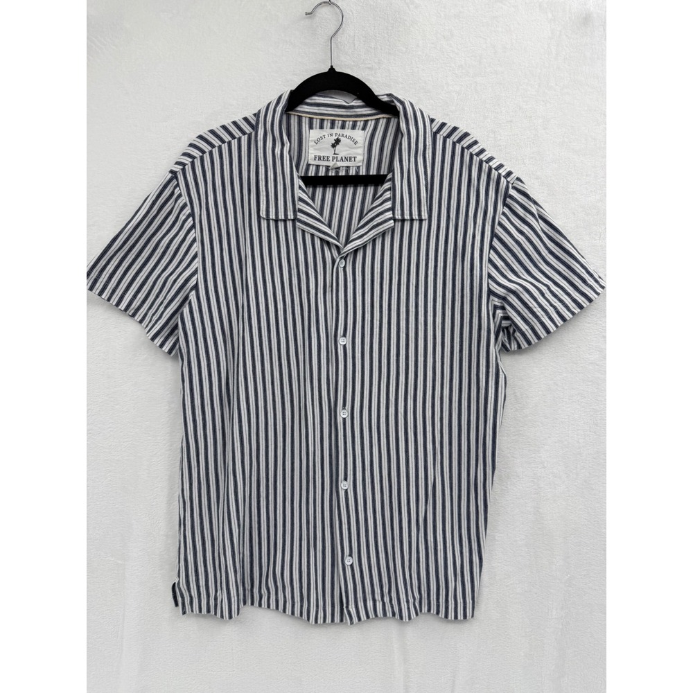Free Planet Mens Large Black White Striped Cotton Camp Collar Shirt Casual